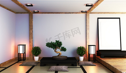 带灯框、黑色矮桌和盆景的日式客厅