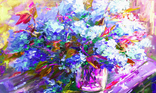 花淡紫色，印象派风格油画静物艺术