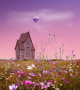 幻想领域与花、 房子和气囊在粉红色的天空