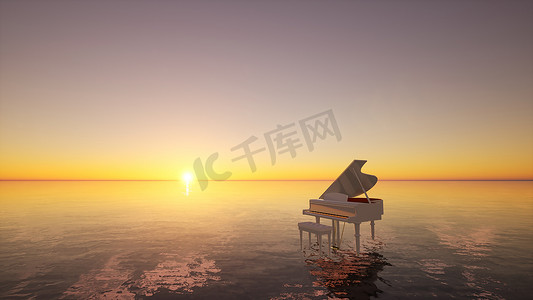 夕阳西下时，水面上挂着一架白色钢琴的超现实的海景。3d说明.