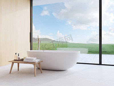 全新的现代浴室, 景色宜人。3d 渲染