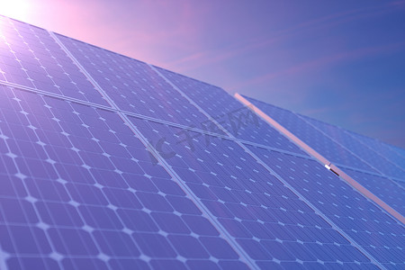 3d. 绘制太阳能发电技术。替代能源。太阳能太阳能电池板模块, 带阳光的蓝天与风景秀丽的日落