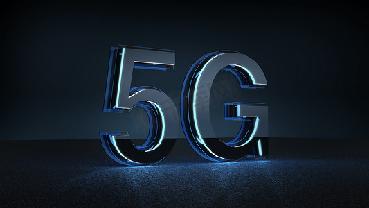 3d. 用蓝色霓虹灯渲染5g 未来字体。移动网络速度通信技术概念