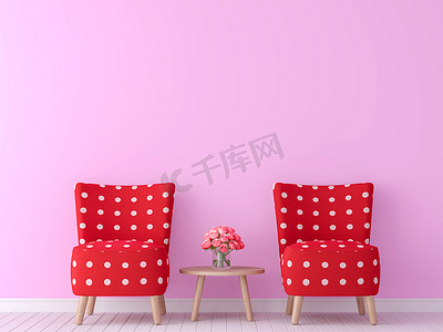 情人节主题客厅3d 渲染图像。有简约风格的形象, 粉红色的空墙和红色的家具