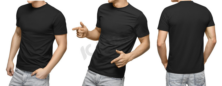 胸卡模板摄影照片_年轻男性在空白黑 t-shirt, 正面和背面视图, 被隔绝的白色背景与修剪路径。设计人 t恤模板和样机的打印