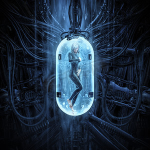 女性克隆舱/科幻场景的3D插图显示人类女性身影在复杂的未来外星孵化器克隆机械内