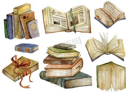 水彩图书集。打开书本和一堆书。教育和知识概念。白色背景上的孤立物体。手绘插图