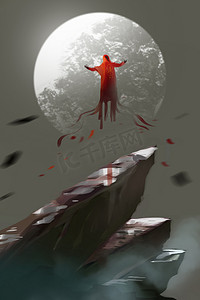 一个红色斗篷魔法师在空中飞翔, 月亮登上山顶, 数字艺术插画绘画.