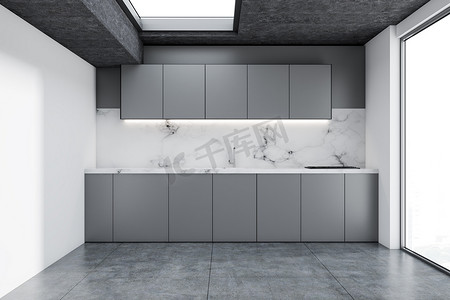 现代厨房角落与白色墙壁, 混凝土地板和灰色台面。3d 渲染, 模拟