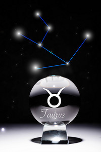 sign摄影照片_crystal ball with Taurus zodiac sign isolated on black with constellation