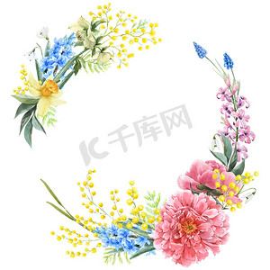 出水素果摄影照片_美丽的花环,用水彩画手绘出柔和的夏花.库存说明.