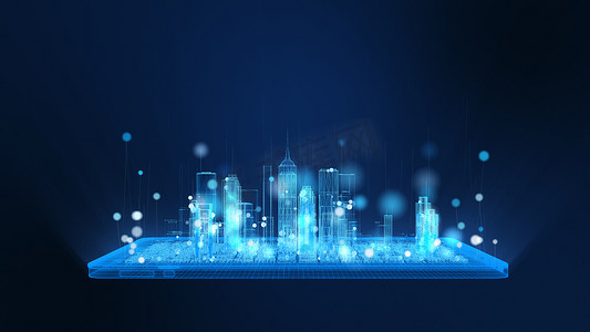 3D渲染，明亮的数字平板和城市线框中明亮的蓝色和白色颗粒，球状颗粒线上升。数字技术和通信概念