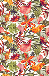 热带花卉图案摄影照片_Tropical colorful floral pattern, in Hawaiian style