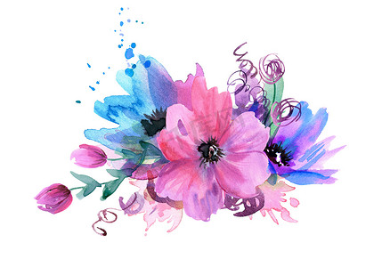 森系请柬摄影照片_可爱的水彩花,粉色和蓝色的花.设计请柬、贺卡