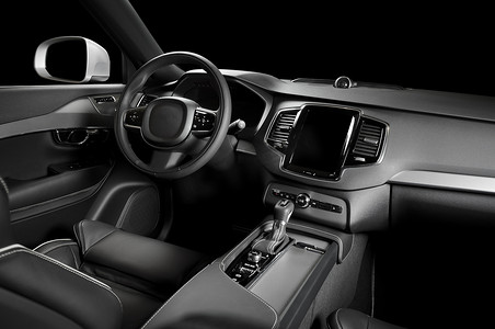 现代豪华威望汽车内部，仪表板，方向盘。黑色和白色真皮内饰。孤立的 windows，包括剪切路径