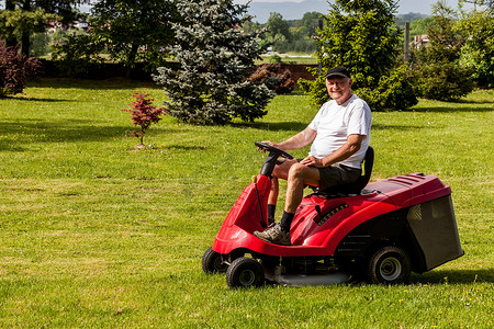 老人驾驶红色的草坪割草机