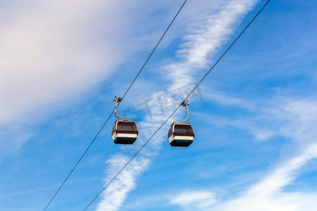 在里斯本，葡萄牙中蓝蓝的天空背景上的电缆车