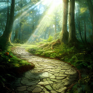 阳光灿烂摄影照片_穿过幻想森林的小径，阳光灿烂. 