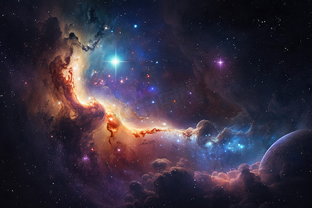 一个五彩斑斓的空间场景,在影像空间的中心有星星和一颗大恒星,是一幅细致的、成熟的绘画空间艺术