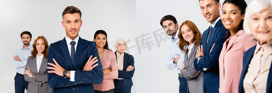 Collage of smiling multiethnic businesspeople with crossed arms looking at camera isolated on grey, banner 