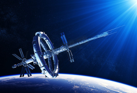 蓝色空间站摄影照片_蓝色光之路中的未来空间站