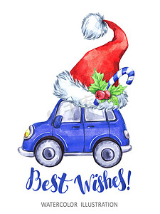 新年海报新年摄影照片_水彩卡通车与圣诞老人的帽子。圣诞、 新年贺卡.