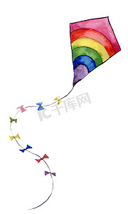 水彩彩虹空气风筝。手绘复古风筝标志花环与复古的设计。孤立在白色背景上的插图