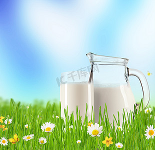 牛奶罐摄影照片_与玻璃在草丛中的牛奶罐