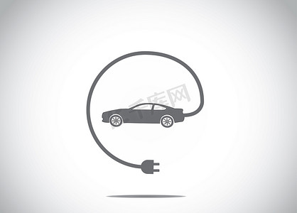 多彩的电动混合动力车与充电器插头连接的概念图标符号。黑暗彩色的车与电缆充电器插头从汽车插图艺术