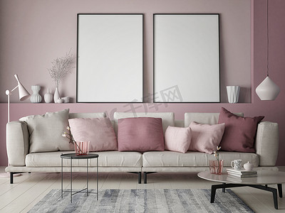 模拟海报上的玫瑰墙在时髦的客厅, 粉彩彩色, 3d 渲染, 3d 插图