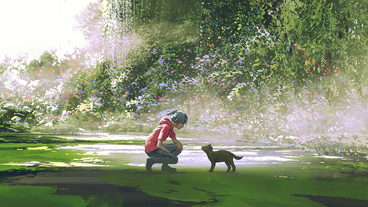 boy摄影照片_teenage boy sitting and looking at a puppy that lost in the forest, digital art style, illustration painting