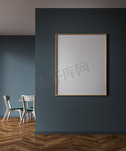 双十一海报黄色摄影照片_木制桌子, 椅子站在灰色的墙壁餐厅内部, 白色墙壁, 木地板和垂直海报框架。3d 渲染模拟