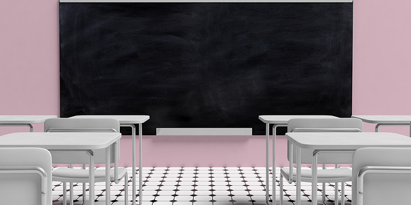 黑板白色背景摄影照片_教育理念。黑板在空教室与白色书桌, 对粉红色墙壁背景和黑色和白色八角形瓦片, 3d 例证.