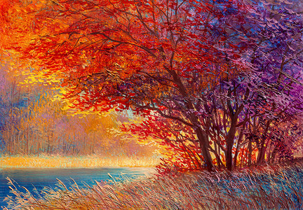 油画风景摄影照片_油画风景-五彩缤纷的秋天森林,美丽的河流