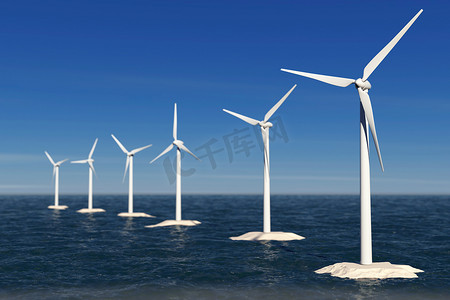 可替代能源的概念。在海洋中的风车。3d 渲染