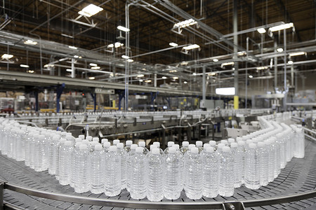 在装瓶厂的传送带上的瓶装的水