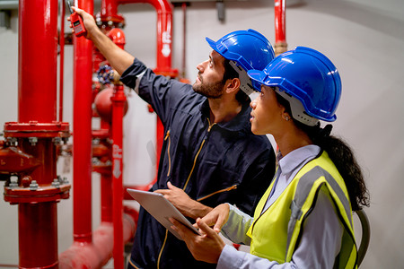 Two engineer or technician worker discuss about red pipe system in the construction site to maintenence and fix the problem together.