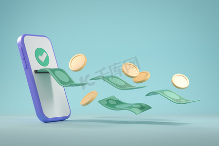 payment摄影照片_3d Rendering Financial Business Online Payment Coin Cash Banknote Flying Transaction On SmartPhone Mobile Atm Automatic Illustration Backgrounds