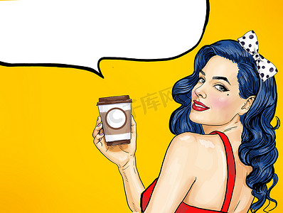 advertising摄影照片_Smiling Pop Art woman with coffee cup. Advertising poster or party invitation with sexy girl with wow face in comic style.