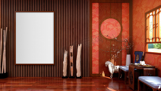 装裱画框摄影照片_中国传统风格客厅中的空白空白画框，3D渲染