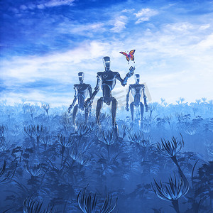 技术符合自然/3d 机器人在外星景观寻找蝴蝶的插图
