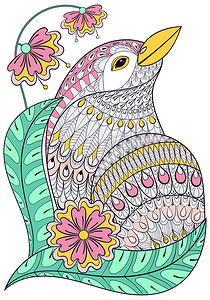 少数民族手绘摄影照片_Zentangle exotic bird in colorful flowers. Hand drawn ethnic ani