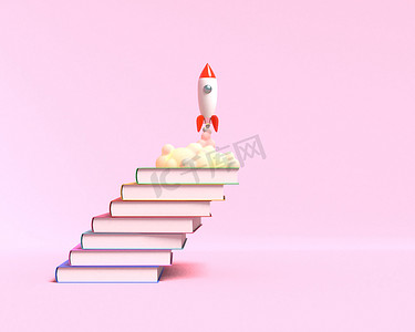 玩具火箭从书本上起飞，在粉红色的背景上喷出烟雾。教育和知识欲望的象征。学校插图。3d 渲染.