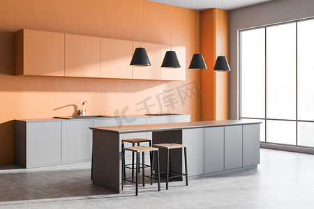 现代厨房的角落, 橙色和灰色的墙壁, 水泥地板, 全景窗户, 橙色柜子, 灰色的台面和灰色酒吧与凳子。3d 渲染