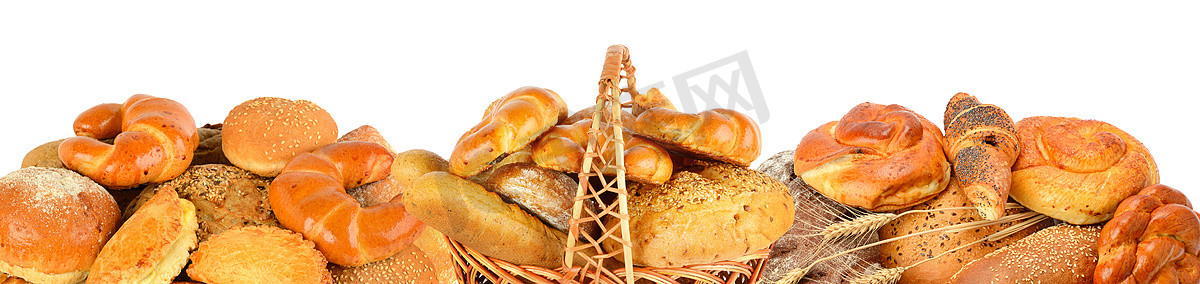 烘焙面包摄影照片_面包和烘焙产品在白色背景下被隔离。Panorami