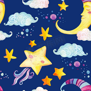 水彩童话无缝模式与魔术的太阳、 月亮、 可爱的小明星和仙女云