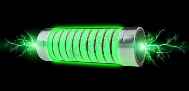 综艺闪电效果摄影照片_带闪电3d 渲染的绿色电池