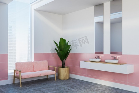 一个角落摄影照片_一个时尚的浴室内饰与双水槽, 两个垂直镜子和粉红色的沙发附近的一个角落, 粉红色和白色的墙壁。3d 渲染