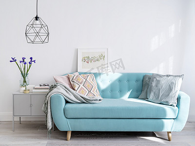明亮的蓝色沙发在时尚家庭内饰