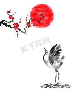水墨鸟摄影照片_日本鹤鸟画和红太阳。梅梅, 野生杏和樱花的风格化的花朵。水彩和水墨插图在风格墨-e, u-罪, 去华东方传统绘画. 
